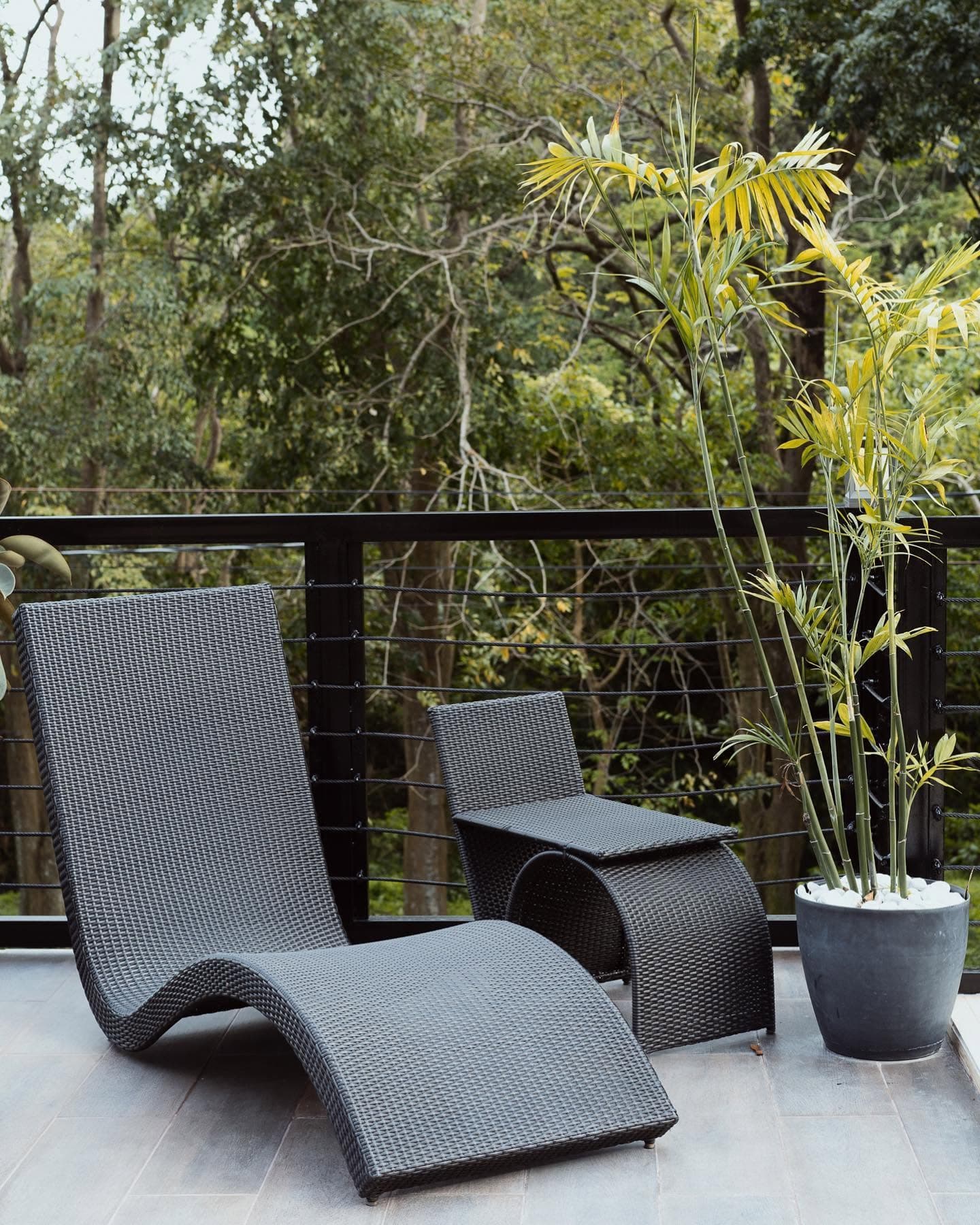 Private balcony lounger and potted palm overlooking the hillside canopy