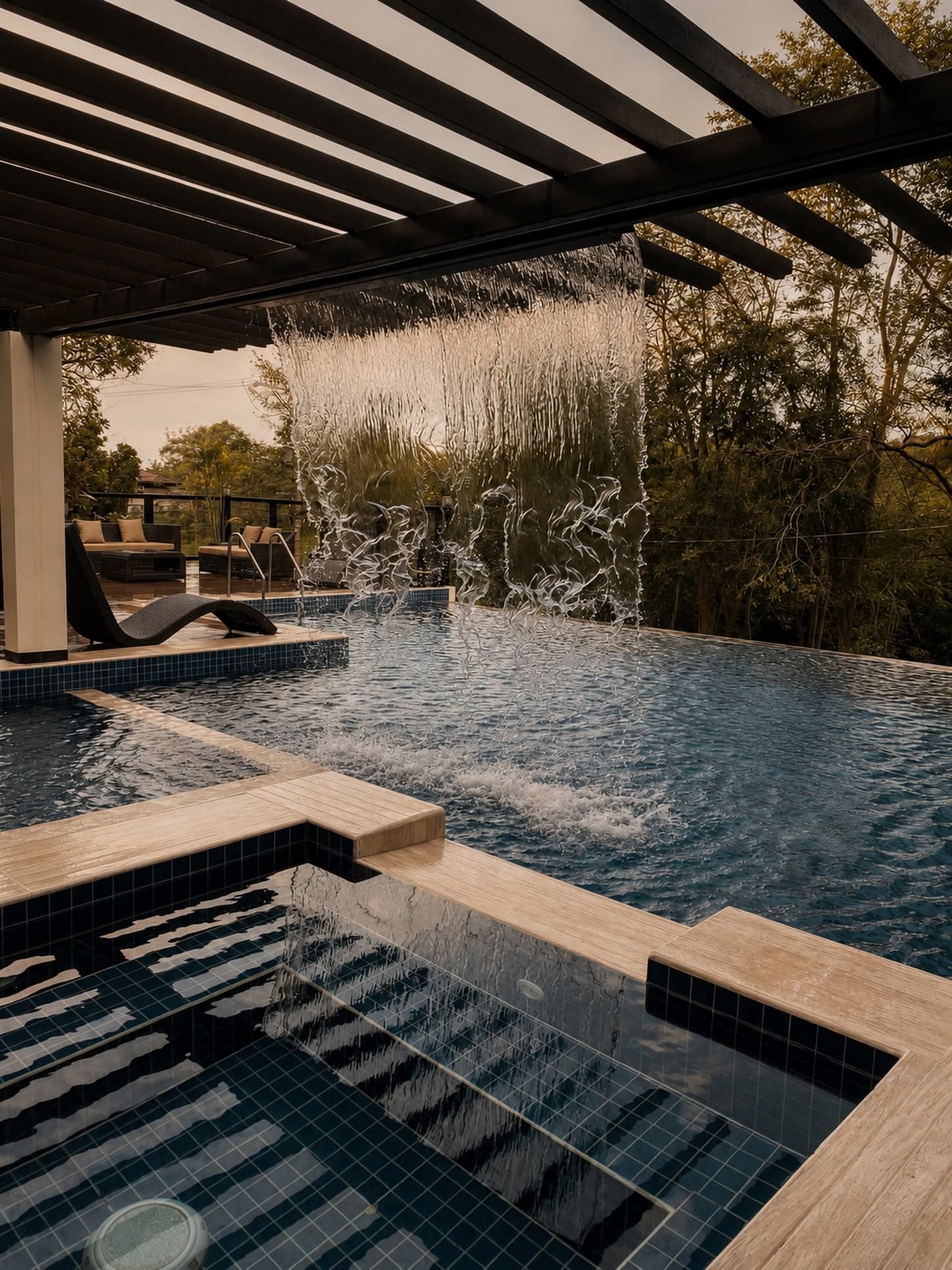 Hot-spring infinity pool and pergola waterfall in daylight